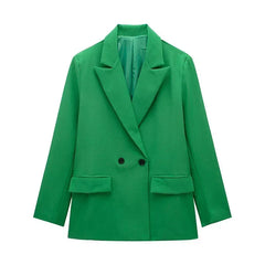 Willshela Women Fashion With Pockets Solid Double Breasted Blazer Vintage Long Sleeves Notched Neck Female Office Lady Outfits