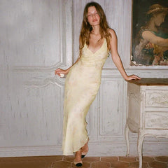 Yellow Floral Maxi Dress | Retro V-Neck Summer Party Gown -femstylo