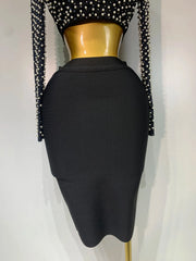 Women Sexy Long Sleeve Mesh Pearl Top Celebrity Midi Women Bandage Set 2025 Designer Evening Party Luxury Birthday Two Piece Set