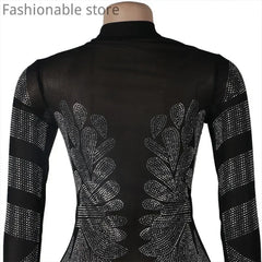 Women Sexy Solid Color Sheer Mesh Rhinestone Design Bodycon Nightclub Party Dress