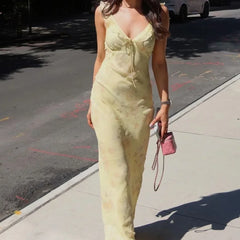 Cryptographic Summer Floral Print Plunge Maxi Dress Outfits Sexy Backless Fairy Sun Dresses Vacation Beachwear Vestido Coquette