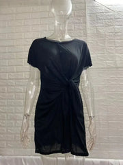 Dress Women Summer O-neck Short Sleeve Asymmetrical Lace Up Waist Solid Color Dresses 2022 Casual Vestidos Dropshipping JQMY9675