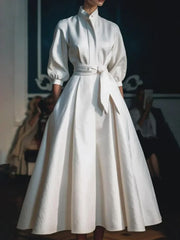 Elegant Women's Solid Color Stand Collar Shirt Dress Casual Mid-Length Waisted Evening Party Dress for Women 2024