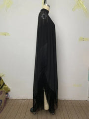 Yeezzi 2025 New Spring Fashion See-Through Tassel Party Dresses Women Batwing Sleeves Solid Color High-Neck Two Piece Set Dress