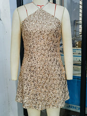 Women Short Dresses Sexy Backless Bodycon Evening dresses Sequin Halter Nightclub Cocktail Birthday Party Welcome Prom Dress XY5