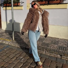 Warm Fluffy Faux Fur Cardigan Coats Women's Winter Turn-down Collar Full Sleeve Overcoat 2025 Autumn New Lady Solid Streetwear