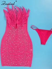 Znaiml Sexy Feathers Rhinestones Backless Diamond Sheer Mesh Bodycon Dresses for Woman Rave Club Birthday Party Night Vestidos