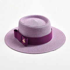 NEW Spring Summer Straw Hats for Women Round Bumpy Surface Flat Top Bowknot Dress Cap Travel Beach Sun Hat Gorra