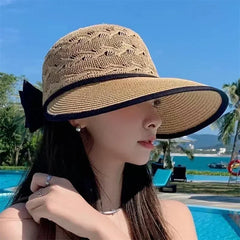 Women's Summer Straw Hat UV Protection Wide Brim | Breathable Bow Sun Hat Fashion Beach Accessory