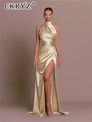 Ladies Summer Satin Evening Birthday Party Dresses Women Sleeveless Backless Halter Side Slit Elegant Long Dress Mowan Clothes