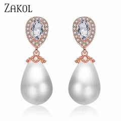 ZAKOL Stylish Teardrop Imitation Pearl Dangle Earrings Water Drop Cubic Zirconia for Women Bridal Earring Wedding Jewelry Bijoux