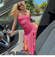 Cryptographic Irregular Ruffle Off Shoulder Sexy Backless Midi Dress for Women Elegant Birthday Vestido Summer Sundresses Ruched