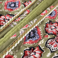 Winter Green Flower Print V neck Quilted Jacket Ethnic Women Tie Bow Sashes Quilting Full Sleeve Coat BOHO Midi Outerwear