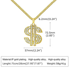 Men Gold Color Dollar Sign Necklaces with Cuban Chain,Hip Hop Money Dollar Pendant Collar, Music Festival Party Gifts Jewelry