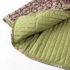 Winter Green Flower Print V neck Quilted Jacket Ethnic Women Tie Bow Sashes Quilting Full Sleeve Coat BOHO Midi Outerwear