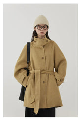 CHIC VEN Korean Women Woolen Coat Single Breasted Loose Stand Collar Belt Long Double-sided Ladies Overcoat Autumn Winter 2024