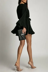 2025 Elegant Pleated Mini Dress - Flared Sleeve Lace-Up Summer Dress | Femstylo