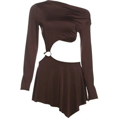 Whatiwear Hollow Waistless Dress Women Skew Collar Off Shoulder Full Sleeve Rings Patchwork Ruched Elegant Fashion Mini Bodycon