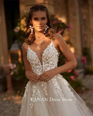 Fanan Spaghetti Straps Wedding Dress Tulle Appliques Customized Sexy Open Back Ruched Ivory Bridal Party Gown Vestidos De Novia