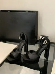 Liyke Runway Style Black High Heels Platform Sandals For Women Cozy Silk Square Toe Buckle Strap Lady Party Dress Shoes Size 40