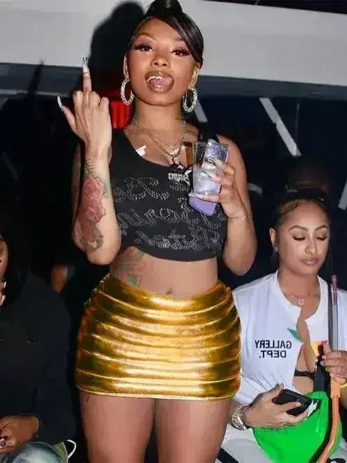 Gold Women's Puffer Skirt Metallic Shiny Quilted Mini A-line Skirts - Femstylo