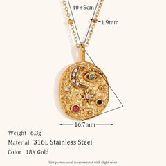 La. Muses Colored Cubic Zirconia Star Moon Texture Pendant Stainless Steel Retro Luxury Necklace Waterproof Jewelry Gift