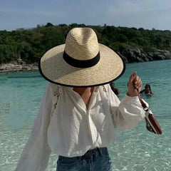 New 2024 Belt Strap Straw Sun Hat For Women Fashion Vacation Beach UV Hats Summer Wide Brim Travel Panama Hats Outdoor Wholesale