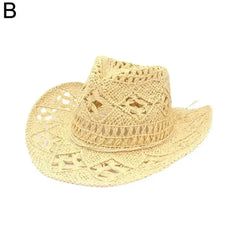 Summer Outdoor Men Women Hand-woven Western Cowboy Straw Hats Wide Brim Breathable Beach Jazz Cap Sun Protection Hat