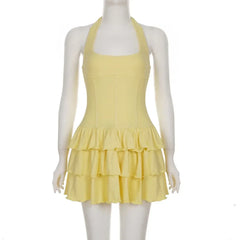 Tornova Vacation Halter Mini Dress For Women Solid High Waist Puffy Dress Ruffled Splice Fashion Sexy Slim Dress 2025 Summer New
