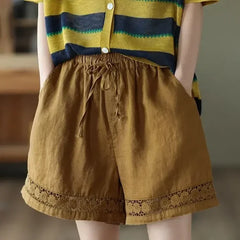 Cotton Linen Vintage High-Waist Elastic New Style Tie-Belt Embroidered Hollow Casual Straight Shorts