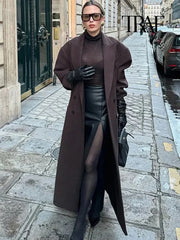 TRAF Women Fashion Solid Color Wool Lengthened Coat Elegant Warm Street Coat Autumn and Winter Retro Pocket Double-Breasted Coat