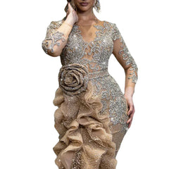 Women Elegant Luxurious Gold Sequins Evening Dress Sheer Sleeve Round Neck Ruffle Irregular Sexy High Split Wedding Maxi Dresses