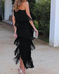 Spring and Summer New Fashion Fringed Slanted Shoulder Asymmetrical Dress for Women