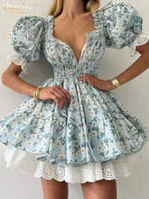 Clacive Summer Slim Print Women's Dress Fashion Slash Neck Short Sleeve Mini Dresses Elegant High Waist Patchwork Female Dress