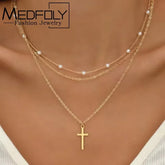 MEDFOLY 3pcs Gold Charm Necklace For Women Star Pearl Cross Pendant Neckalces Dainty 14K Gold Plated Summer Beach Jewelry Gifts