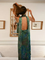 Sexy See Through Deep V Neck Maxi Dress Backless Sleeveless Lace Up Halter Robes Printed Party Vestidos 2025 New Lady Dresses