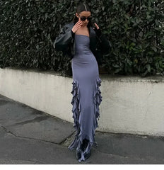 Cryptographic Irregular Ruffle Off Shoulder Sexy Backless Midi Dress for Women Elegant Birthday Vestido Summer Sundresses Ruched