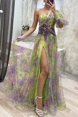 Elegant Oblique Shoulder Single-sleeve Zipper High Slit Mesh Long Dress For Women Fashion Flower Decoration Party Dress Female