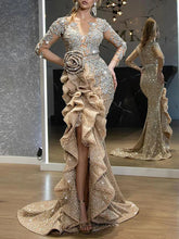 Women Elegant Luxurious Gold Sequins Evening Dress Sheer Sleeve Round Neck Ruffle Irregular Sexy High Split Wedding Maxi Dresses