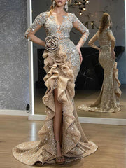 Women Elegant Luxurious Gold Sequins Evening Dress Sheer Sleeve Round Neck Ruffle Irregular Sexy High Split Wedding Maxi Dresses