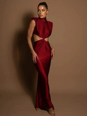 Mozision Hollow Out Turtleneck Sexy Maxi Dress For Women Fashion Solid Sleeveless Bodycon Tank Dresses Femme Club Party Dress