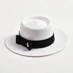NEW Spring Summer Straw Hats for Women Round Bumpy Surface Flat Top Bowknot Dress Cap Travel Beach Sun Hat Gorra