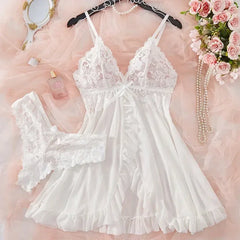 2 Pcs Set Sexy Lingerie Set Women Deep V Slip Dress Thong Erotic Bra Panty Sets Lace Nightdress Transparent Soft Nightgown