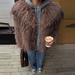 Warm Fluffy Faux Fur Cardigan Coats Women's Winter Turn-down Collar Full Sleeve Overcoat 2025 Autumn New Lady Solid Streetwear