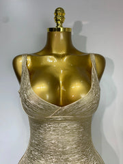 High Quality Celebrity Elegant Gold Bodycon Bandage Dress Women Sexy Nightclub Evening Party Luxury Birthday Dress Vestidos