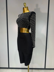 Women Sexy Long Sleeve Mesh Pearl Top Celebrity Midi Women Bandage Set 2025 Designer Evening Party Luxury Birthday Two Piece Set