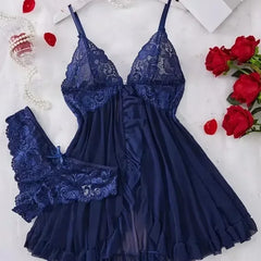 Sexy Lingerie Set Women Erotic Bra Nightdress Sexy Lace Sleepwear Solid Slim Soft Dresses V Neck Full Slip Sleepwear & Dresses