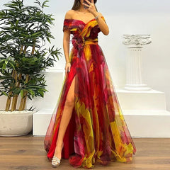 Women 2025 Pattern High Waist Party Dress Sexy Slit Mesh Cocktail Gala Dress Fashion One Shoulder Female Pleated Evening Dress