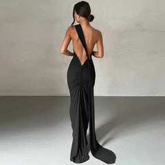Hugcitar One Shoulder Backless Adjustable Scarf Loop Ruched Sexy Maxi Dress Women Elegant Y2K Streetwear Festival Outfit