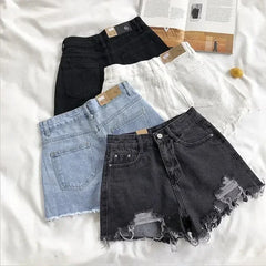 Korean Denim Holes Shorts For Women Fashion High WaistWide Leg Short Jeans Female Designer Casual Street Short 2024 New